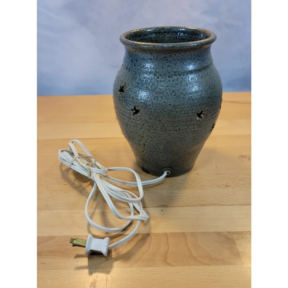 Hand Made Pottery Night Light Moon Stars Electric blue grey 7.5” tall